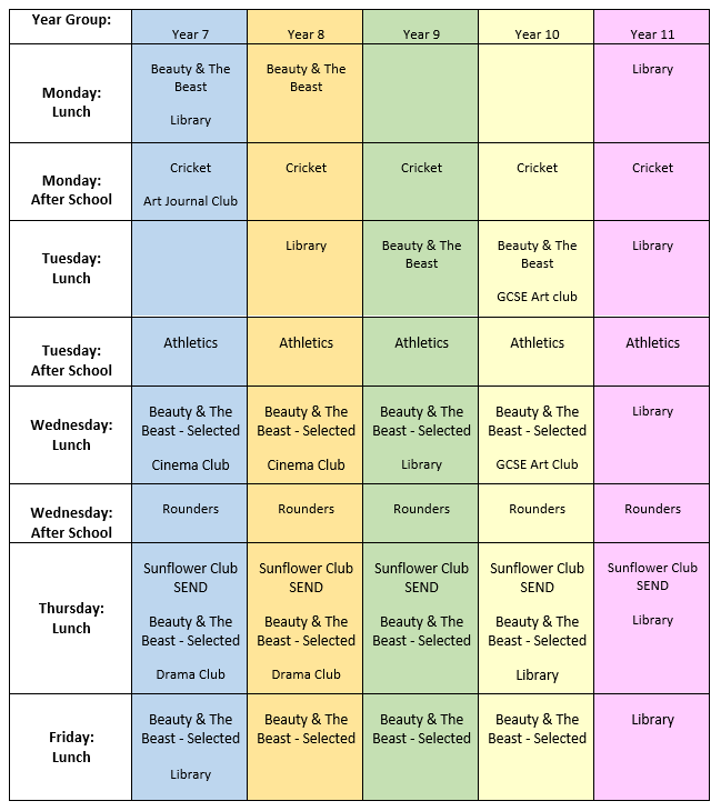 Extra curricular timetable for the summer term 2025. This is also available as a pdf at the bottom of this web page