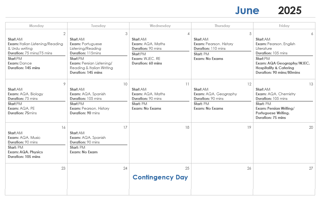 GCSE exam timetable for June 2025. This is also available in pdf format at the bottom of this web page.