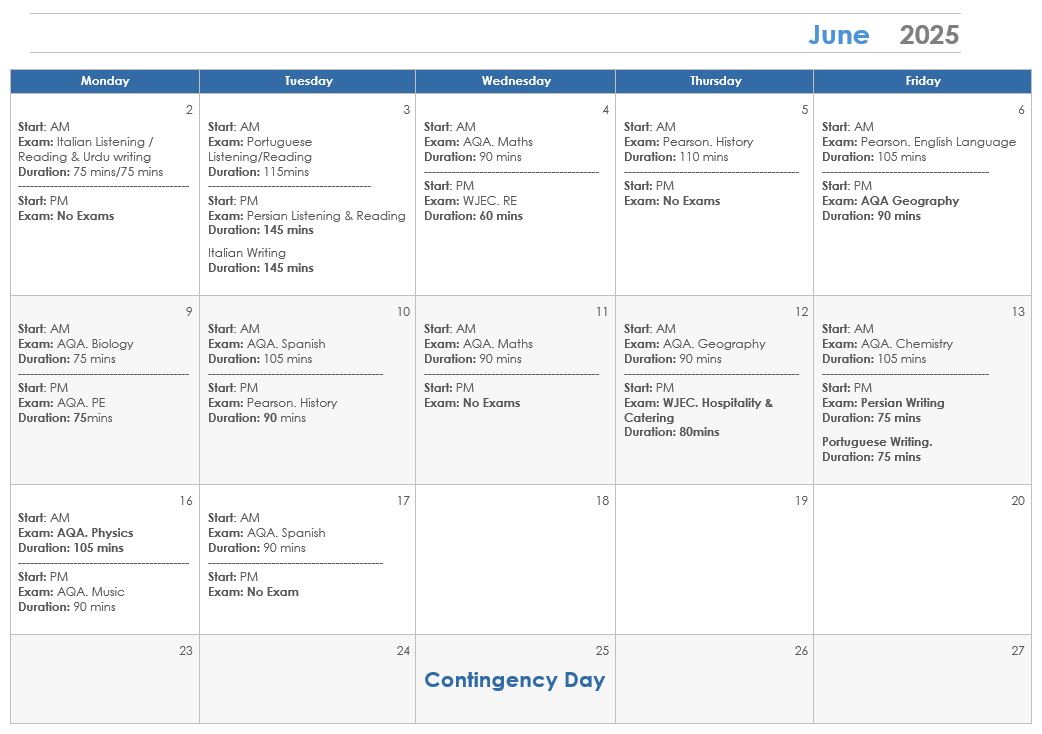 GCSE Exam timetable June 2025. This is also available as a pdf at the bottom of this web page.