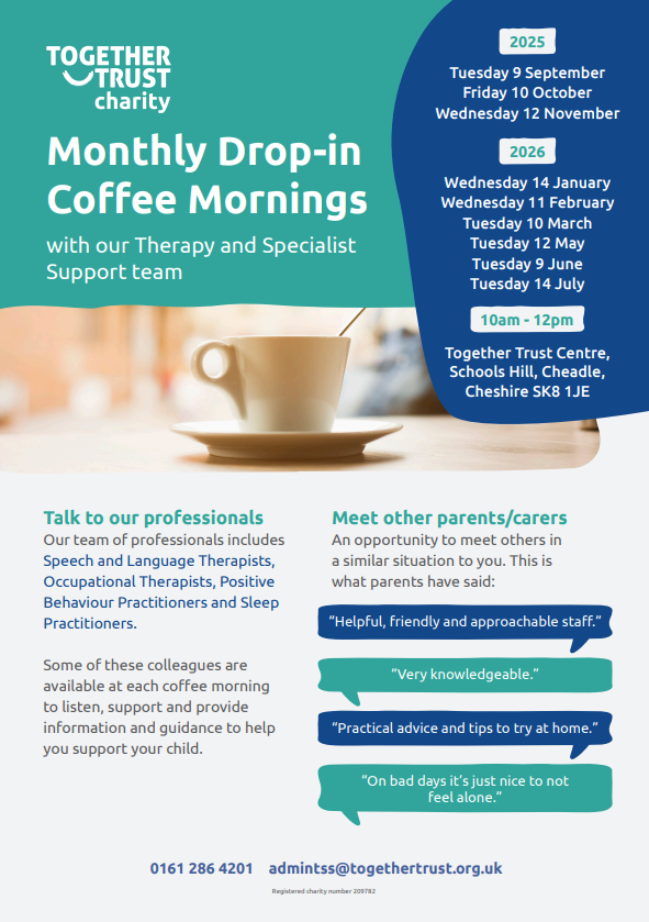 Together Trust Charity Monthly Drop-in Coffee Mornings poster. This is also available to view as a pdf at the bottom of this web page.